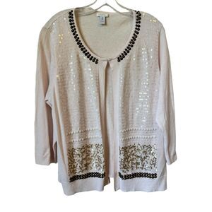 CHICO's Long Sleeve Cream Solid w/ Sequin Accents Stand-Up Collar Full Zip Sz 3